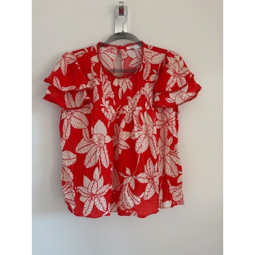 Rose + Olive Red White Floral Flutter‎ Sleeve Eyelet Trim Blouse Medium